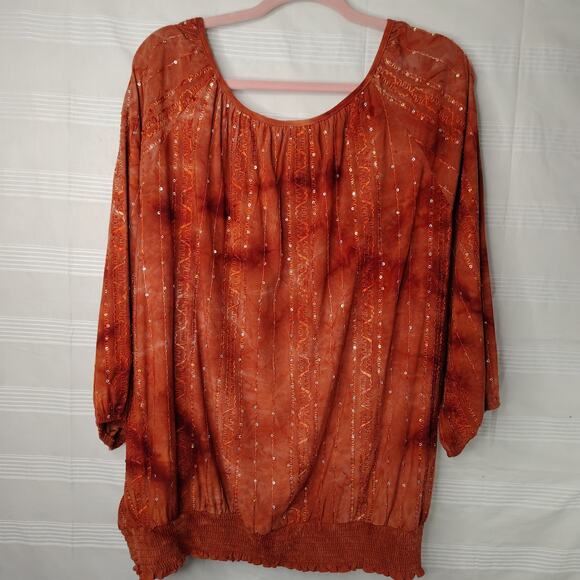 DressBarn Peasant Blouse 3/4 Sleeve Burnt Orange Sequins Embroidered 3X - Picture 10 of 15